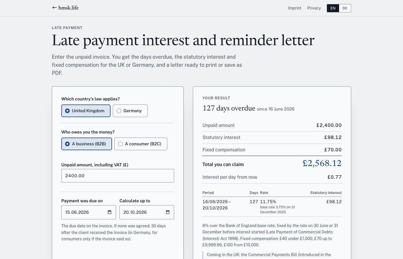 Screenshot von Late Payment Interest + Letter im Browser, mit Beispieldaten: Verzugstage, gesetzliche Verzugszinsen und Pauschale für Deutschland oder UK, dazu eine fertige Mahnung.