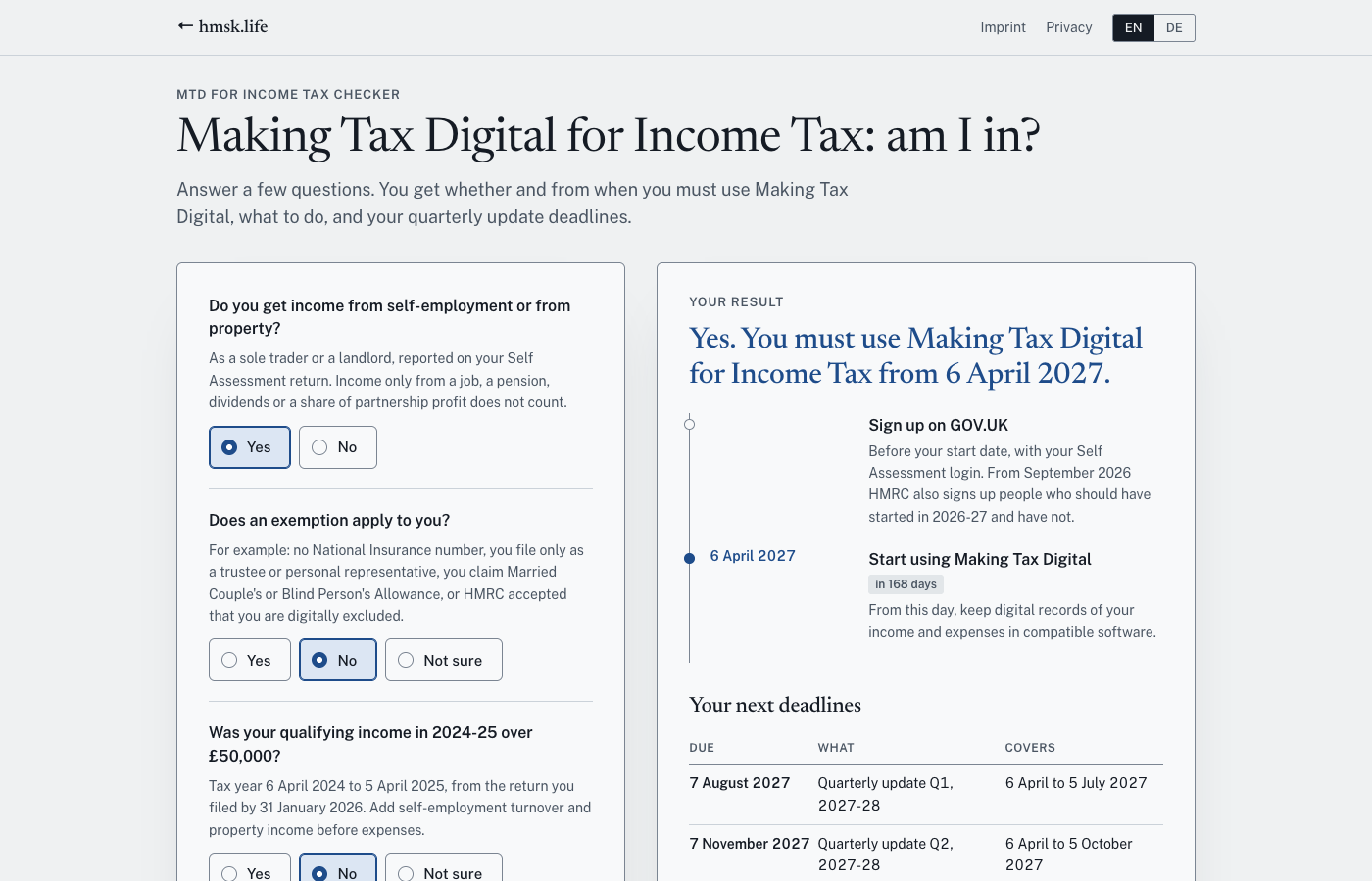 Screenshot of MTD for Income Tax Checker in the browser, with example data: Checks your qualifying income against the £50,000, £30,000 and £20,000 thresholds and gives your Making Tax Digital start date, a to-do list and your quarterly deadlines.